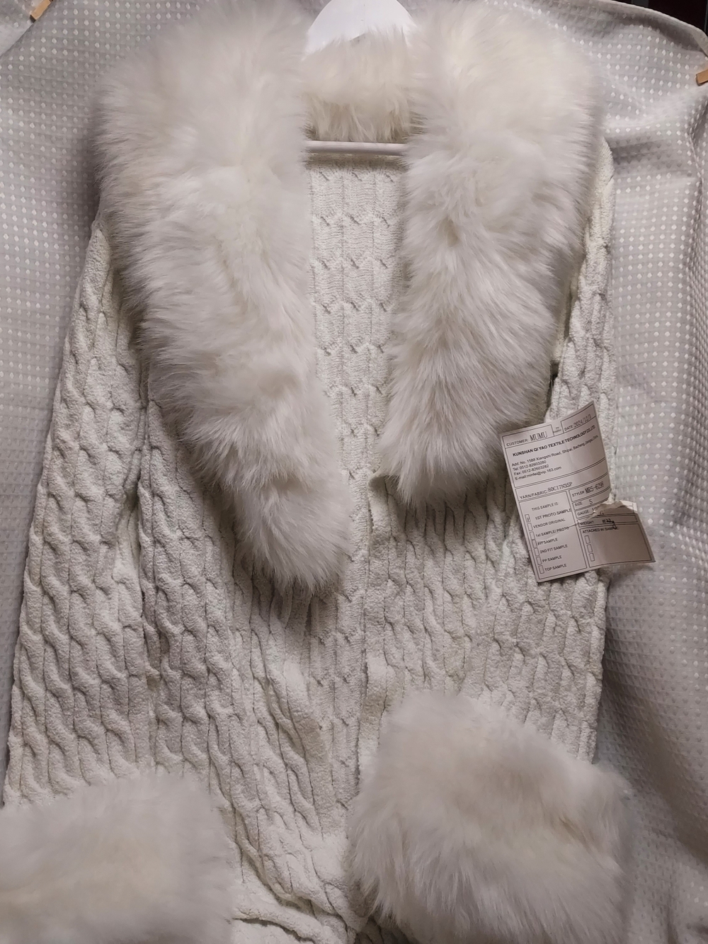 Mumu White Faux Fur-Trim Cable Knit Stormy Cardigan, Long